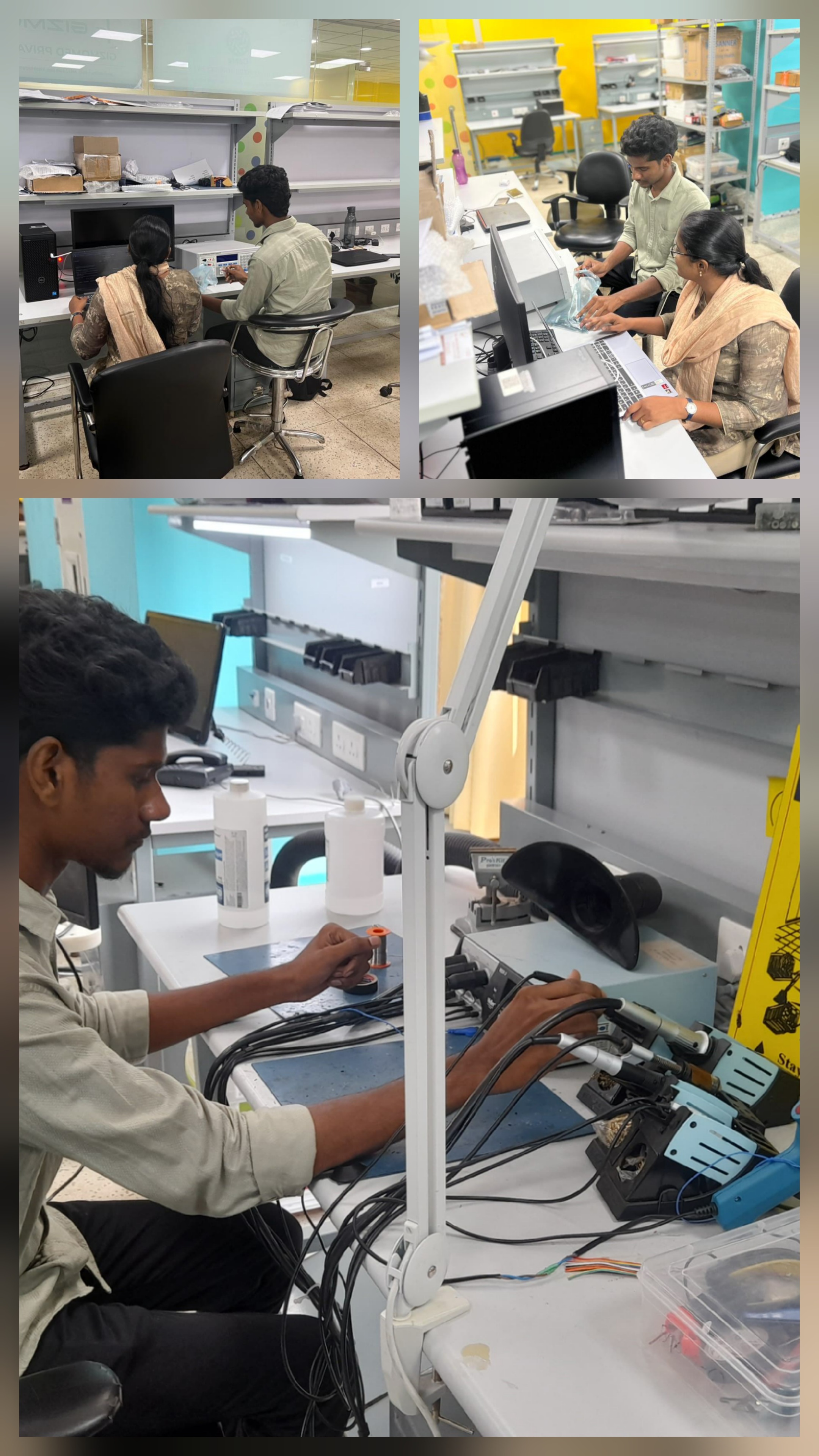 Team members assembling and testing electronics at a MedTech prototyping facility.