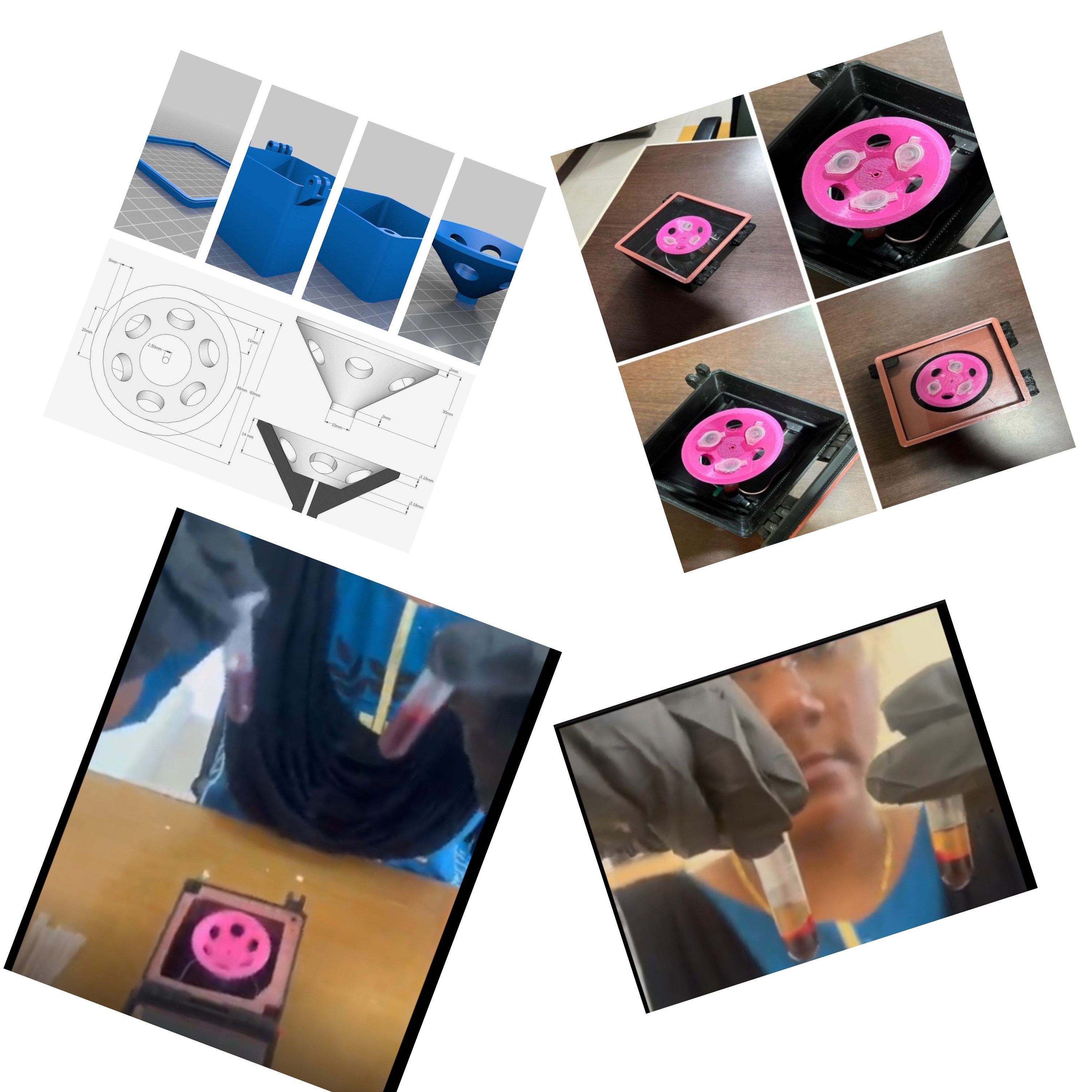 3D-printed portable centrifuge — CAD design, printed rotor in its enclosure, and serum separated from a blood sample.