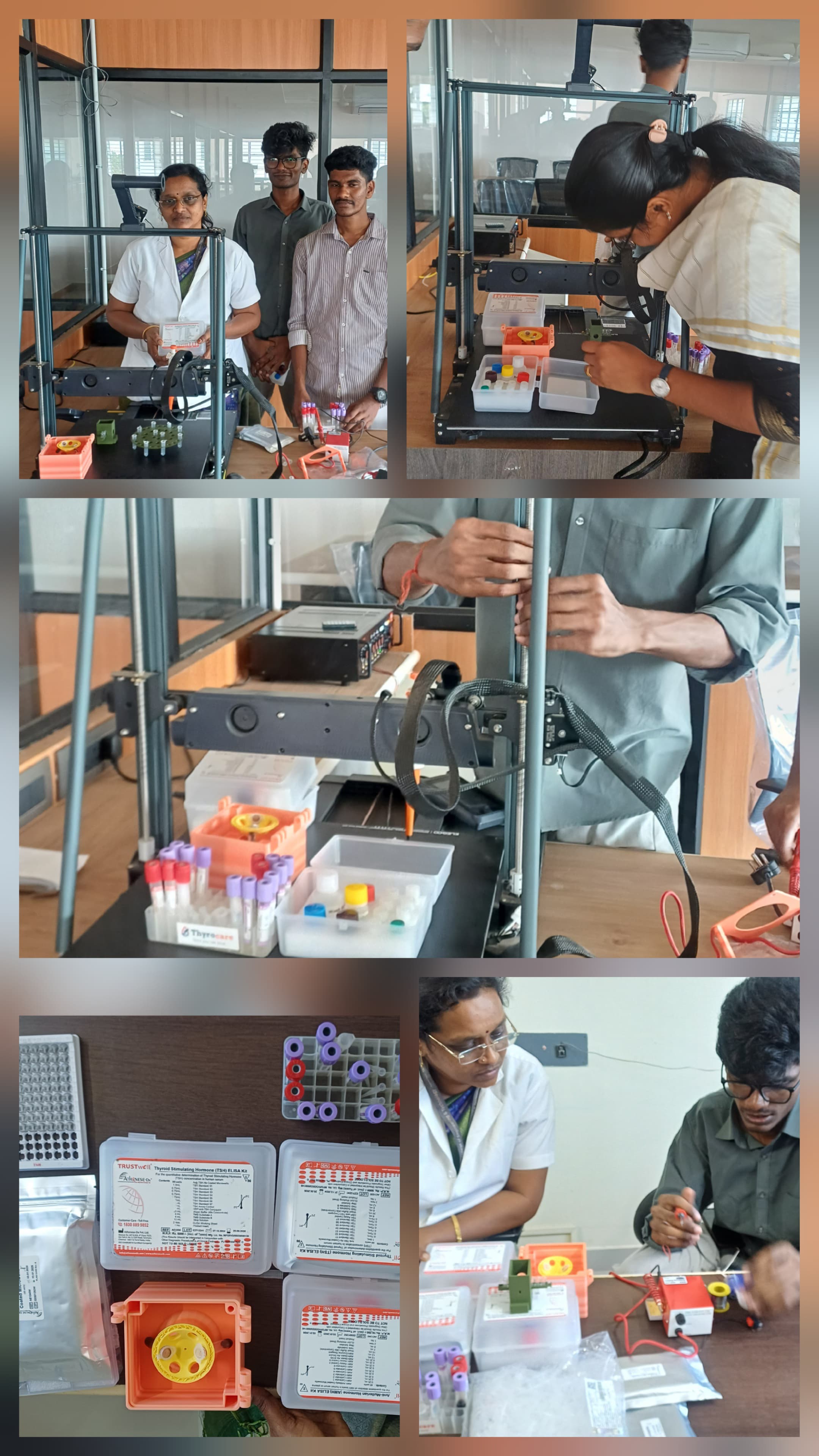 3D-printed portable centrifuge prototype in its enclosure alongside reagent tubes.