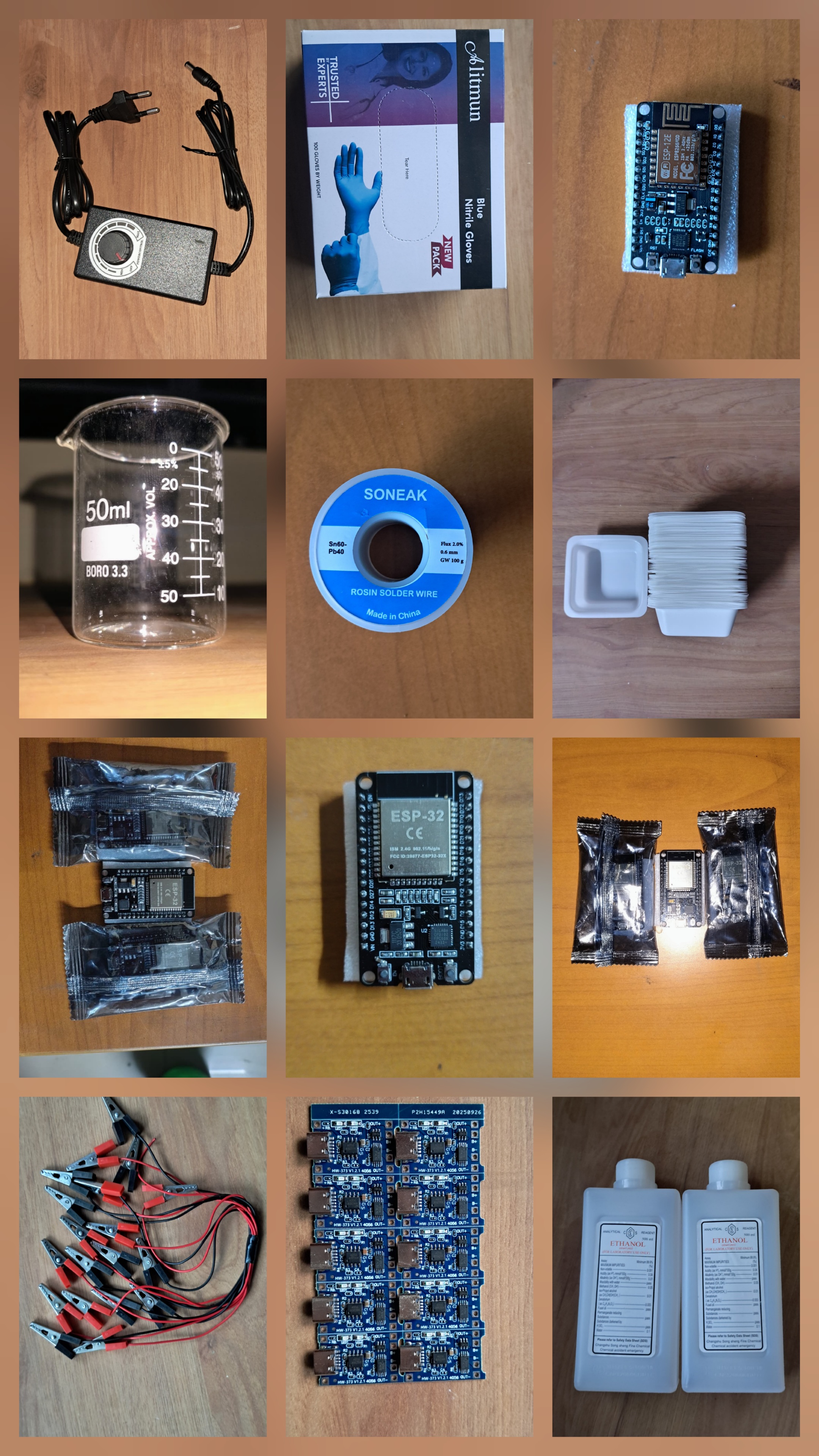 Electronic and laboratory components including ESP32 boards, impedance modules, glassware and reagents.