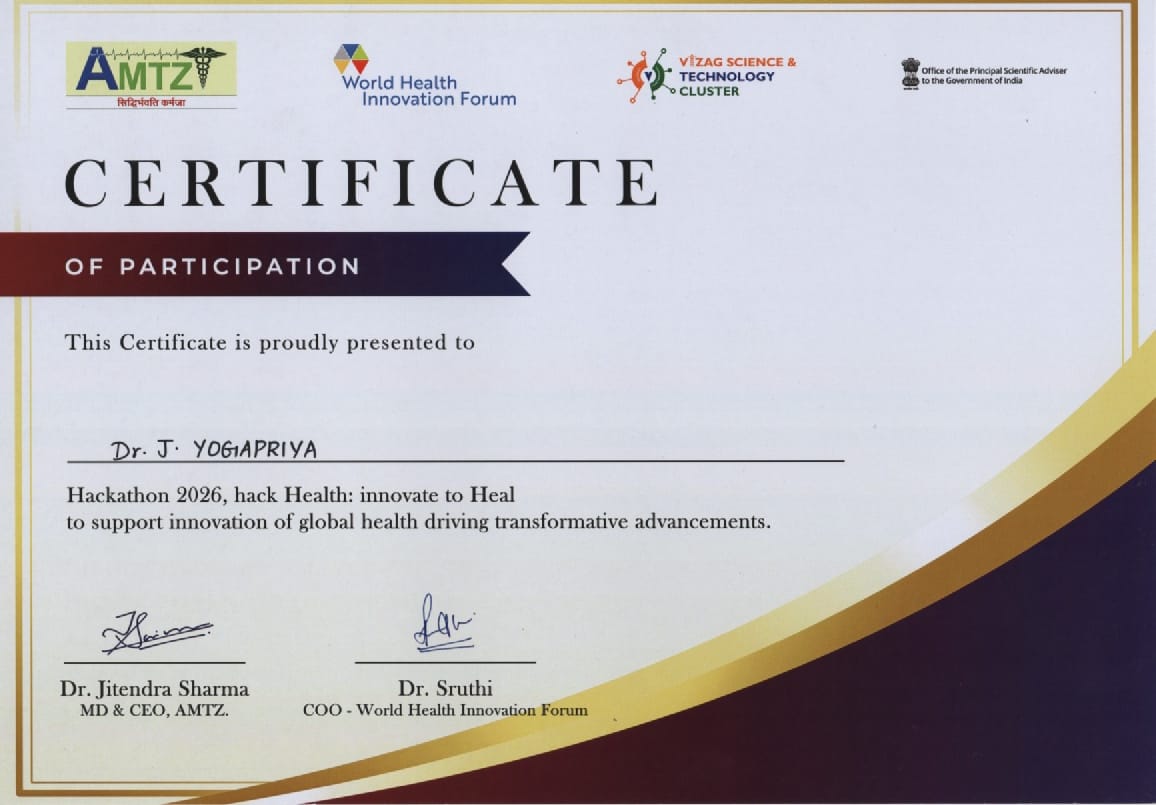 Certificate of Participation awarded to Ms. Keerthika A for Hackathon 2026, Hack Health: Innovate to Heal, issued by AMTZ and the World Health Innovation Forum.