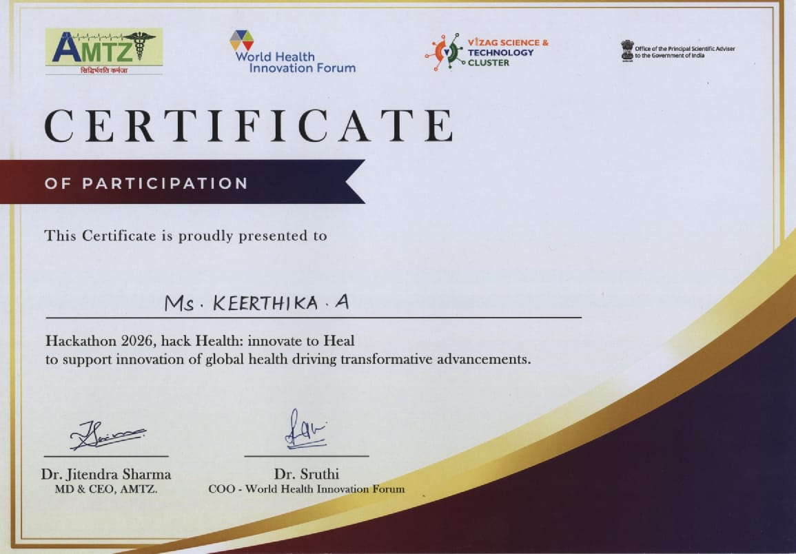 Certificate of Participation awarded to Dr. J. Yogapriya for Hackathon 2026, Hack Health: Innovate to Heal, issued by AMTZ and the World Health Innovation Forum.