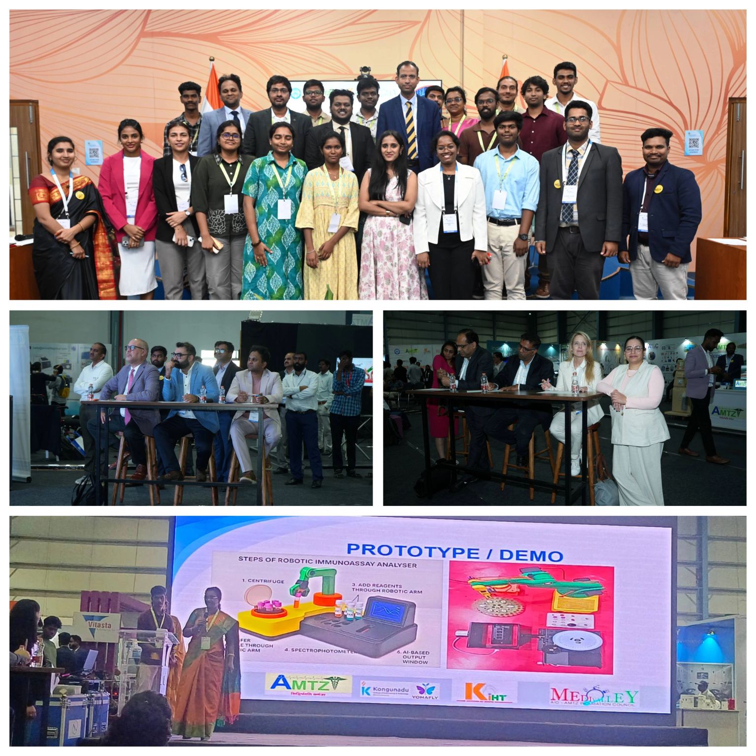 Collage from the AMTZ Hackathon 2026 event: the team at the venue, with the judging panel, and the Robotic Immunoassay Analyser prototype-demo slide.
