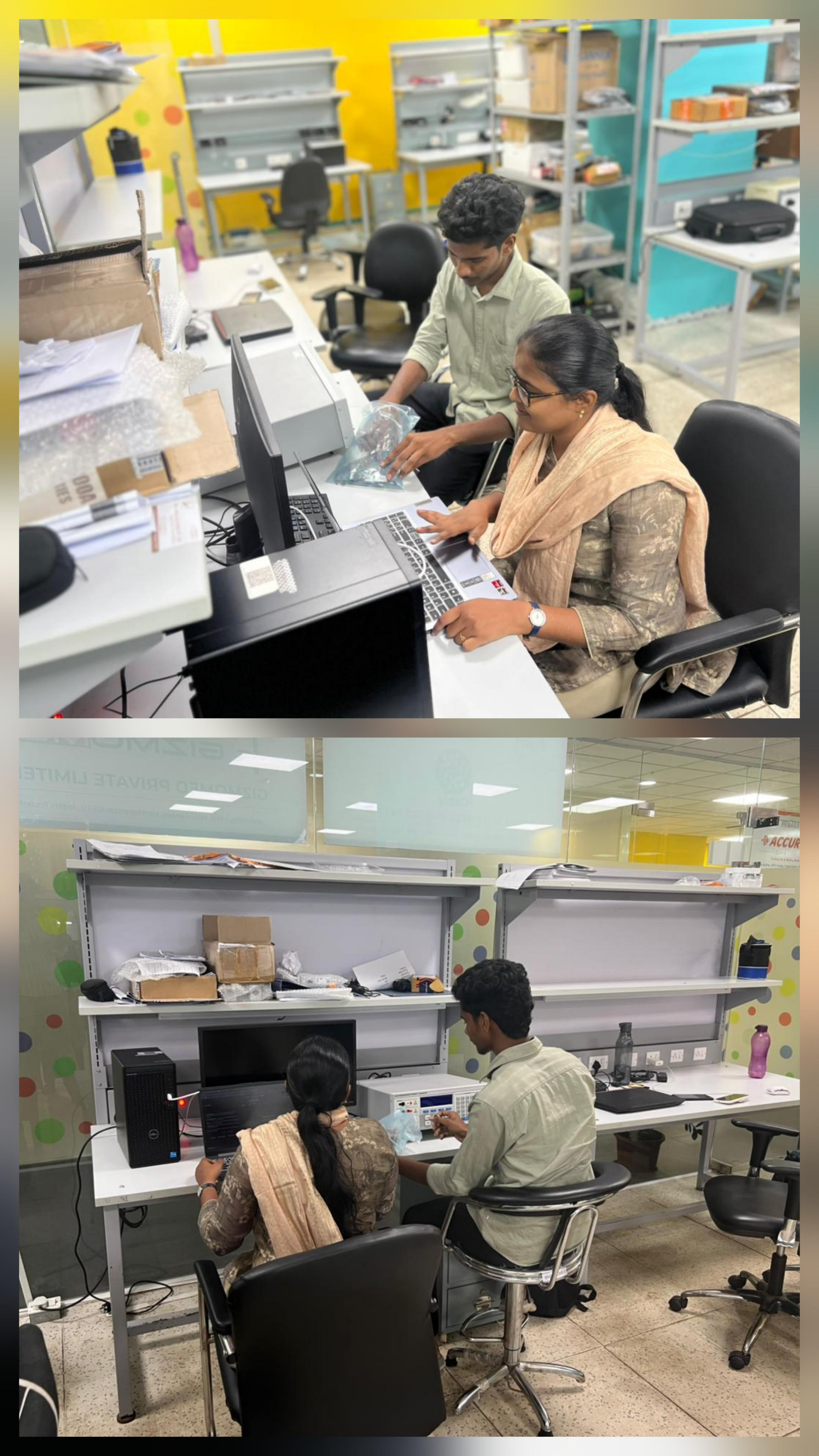 Team members assembling and testing electronics at a MedTech prototyping facility.